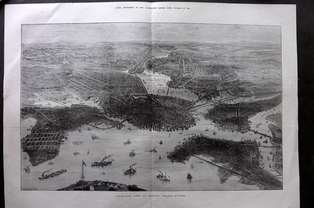 ILN 1872 LG Folio Print. Boston, USA. Bird's Eye View: Wood Engravings with text on the reverse Published 1872, London for "The Illustrated London News" Centre fold as published. Paper Size: 22 x 16 inch (56 x 40cm) Good Condition