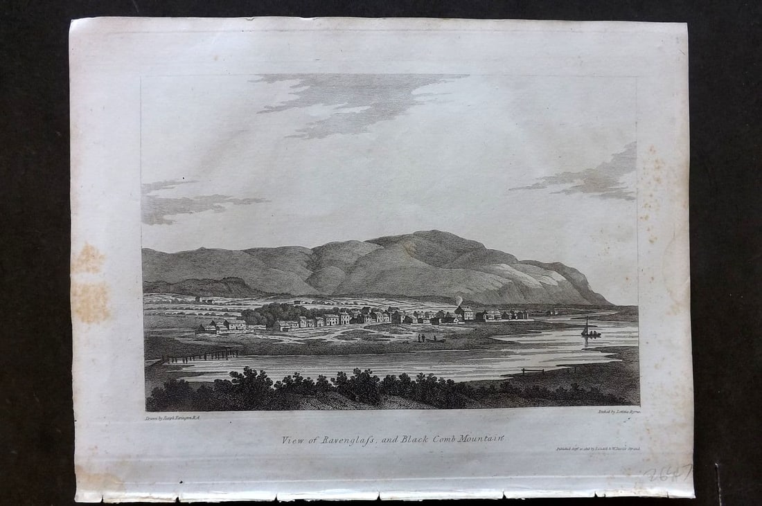 Lysons, Daniel 1816 Antique Print. View of Ravenglass and Black Comb Mountain. Cumbria: Antique Copper Plate Published 1806-22, London for "Magna Britannia; Being A Concise Topographical Account of The Several Counties of Great Britain" by Daniel & Samuel Lysons. Paper Size: 11.5 x 8.5 i