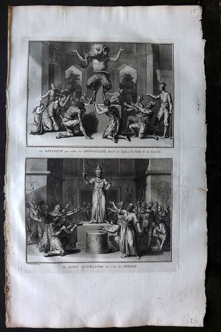 Picart, Bernard 1728 Folio Antique Print. Gods & Deity. Ceylon Sri Lanka: Antique Folio Copper Plate Published 1723-43 [1728] Amsterdam for "Ceremonies et coutumes religieuses de peuples idolatres" by Bernard Picart. Paper Size: 18 x 11 inch (46 x 28cm). Good Condition.