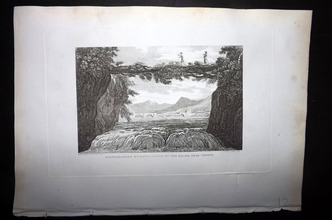 Polehampton, Edward 1823 Print. Switzerland - Subterranean Dissapearence of the Rhone near Geneva: Copper Plate Published 1823, London for "The Gallery of Nature and Art: or, A Tour Through Creation and Science" by the Rev. Edward Polehampton & John M. Good. Paper Size: 10 x 7 inch (26 x 18cm) Smal