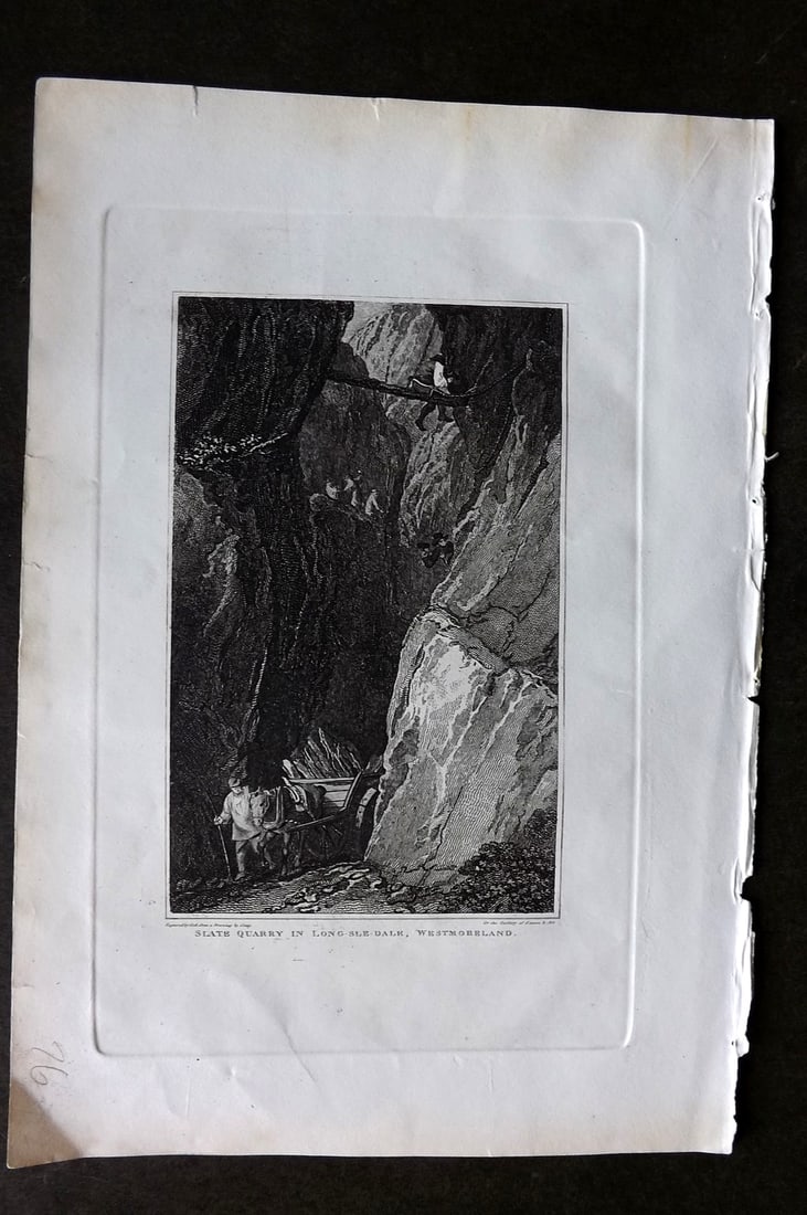 Polehampton 1823 Antique Print. Slate Quarry in Long-Sle-Dale, Westmoreland: Copper Plate Published 1823, London for "The Gallery of Nature and Art: or, A Tour Through Creation and Science" by the Rev. Edward Polehampton & John M. Good. Paper Size: 10 x 7 inch (26 x 18cm) Good