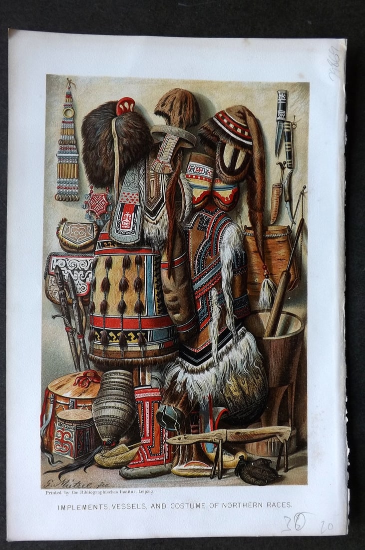 Ratzel, Friedrich 1898 Print. Implements & Costumes of Northern Races. USA Canada: Chromolithograph Published 1896-98, London for "The History of Mankind" by Professor Friedrich Ratzel. Translated by A. J. Butler. Reverse side blank. Paper Size: 9.5 x 6 inch (24 x 16cm) Very minor t