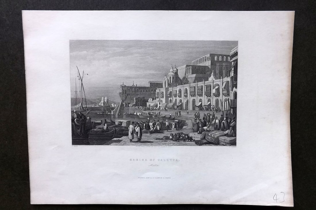 Wright, George 1840 Print. Malta - Marina of Valetta: Steel Engraving Published 1840 by Fisher & Son, London for "The Shores and Islands of the Mediterranean" By the Rev. George Newham Wright. Paper Size: 10.5 x 7.5 inch (27 x 19cm) Very minor margin ton
