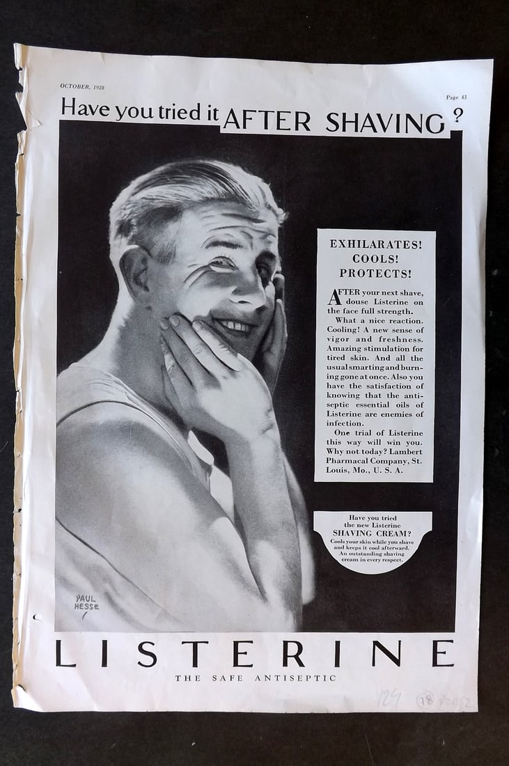 Arts & Decoration 1928 Folio Advert. Listerine Shaving Cream. USA: Offset Folio Lithograph Published 1928 by Eltinge F. Warner, New York for "Arts & Decoration" Printed Both sides with front cover of issue on reverse. Paper Size: 13.5 x 9.5 inch (34 x 24cm) Good Cond