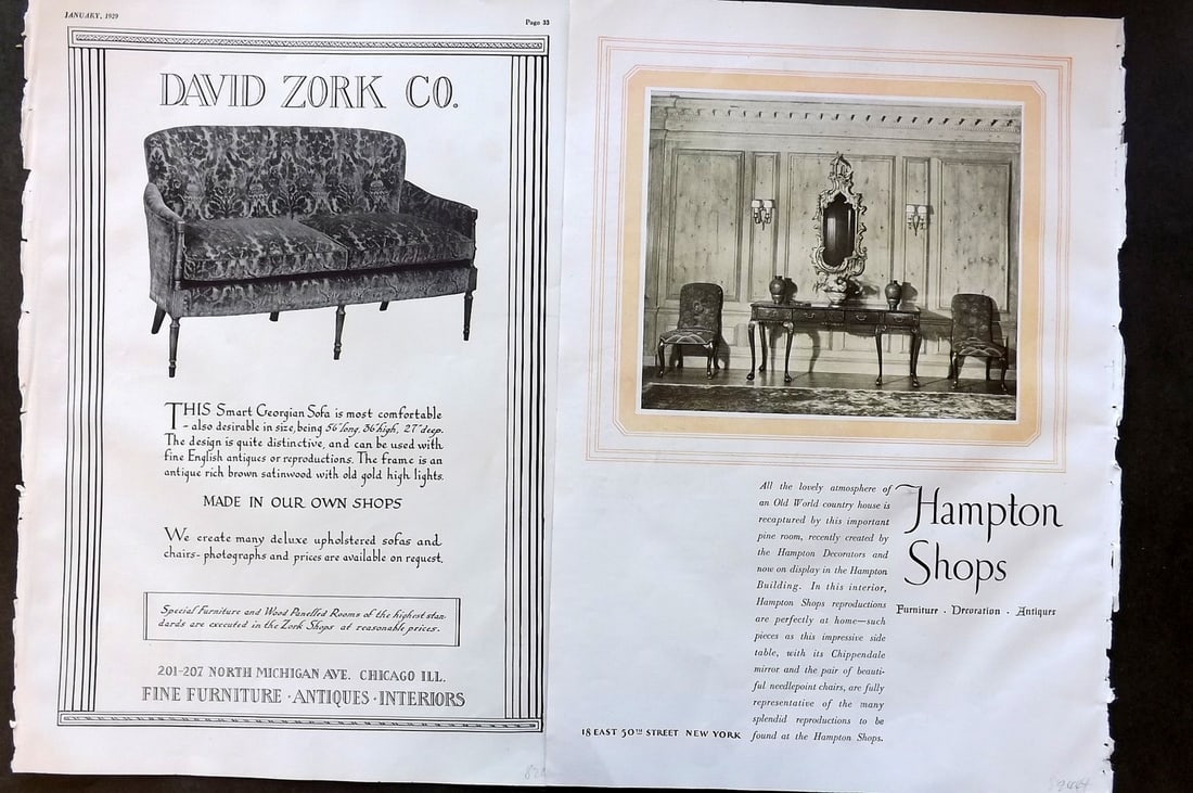 Arts & Decoration 1928 Folio Advert. Pair of Folio Furniture Adverts. USA: Offset Folio Lithograph Published 1928 by Eltinge F. Warner, New York for "Arts & Decoration" Printed Both sides with front cover of issue on reverse. Paper Size: 13.5 x 9.5 inch (34 x 24cm) Good Cond