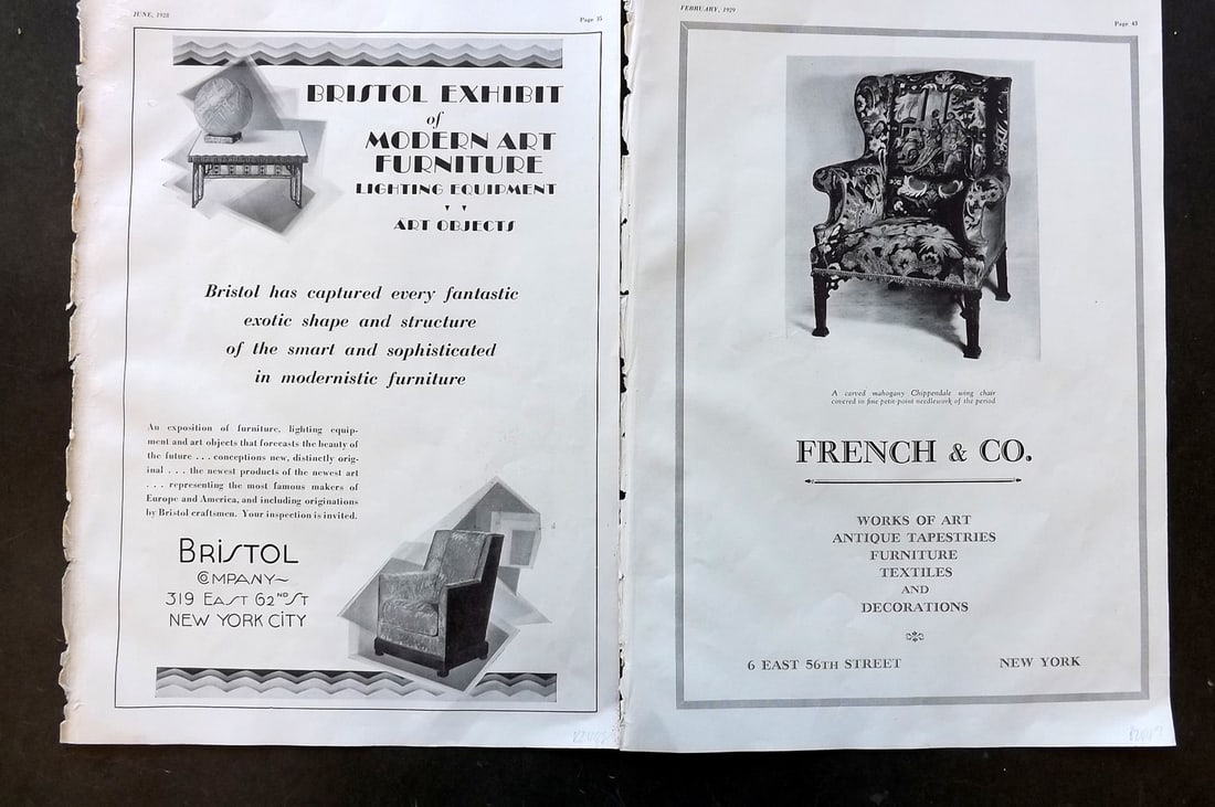 Arts & Decoration 1928 Folio Advert. Pair of Folio Furniture Adverts. USA: Offset Folio Lithograph Published 1928 by Eltinge F. Warner, New York for "Arts & Decoration" Printed Both sides with front cover of issue on reverse. Paper Size: 13.5 x 9.5 inch (34 x 24cm) Good Cond