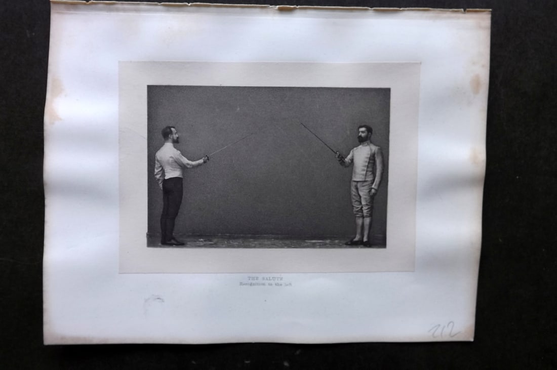 Badminton Library 1889 Sword Fencing Print. The Salute - Recognition to the left: Photogravure Published 1889, London for "The Badminton Library of Sports and Pastimes..." by Walter H. Pollock, E. B. Michell, and Walter Armstrong. Rare Large Paper Edition on Chine-Colle Wove - One 