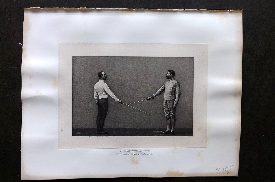 Badminton Library 1889 Sword Fencing Print. End of the Salute: Photogravure Published 1889, London for "The Badminton Library of Sports and Pastimes..." by Walter H. Pollock, E. B. Michell, and Walter Armstrong. Rare Large Paper Edition on Chine-Colle Wove - One 