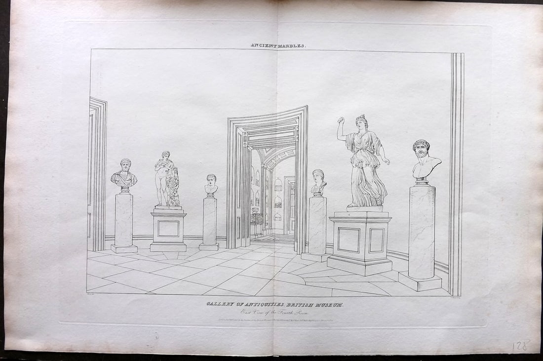 BM Marbles 1818 LG Folio Print. Elgin Marbles, British Museum. East View of Fourth Room: Large Folio Copper Plate Published 1812-61, London for "A Description of the Collection of Ancient Marbles in the British Museum" by the British Museum, Department of Greek and Roman Antiquities. Cent