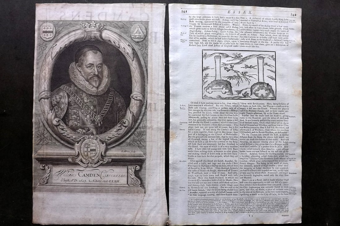 Camden, William 1695 Lot of 3 Prints. Portrait and Antiquities (1 of 2)