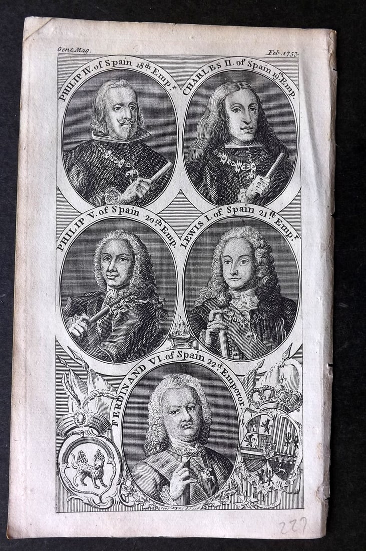 Gentleman's Mag. 1753 Print. Portraits of the Kings of Spain (1 of 1)