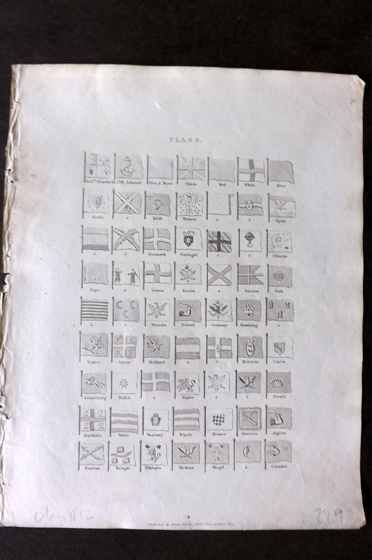 Johnson & Exley 1812 Antique Print. Flags: Copper Plate Pulished 1812, London for "The Imperial Encyclopaedia; Or, Dictionary of the Sciences and Arts" by William Moore Johnson & Thomas Exley. Paper Size: 10.5 x 8.5 inch (27 x 22cm) Good Condi