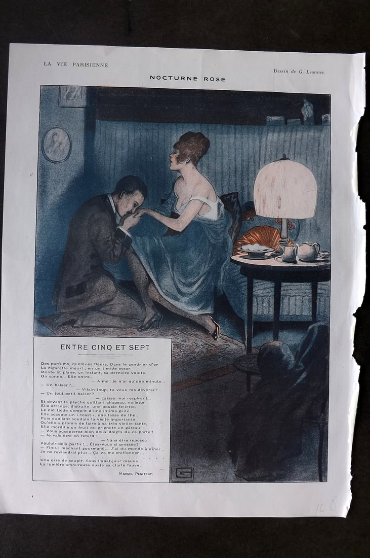 La Vie Parisienne 1917 Art Deco Print. Nocturne Rose by Leonnec: Lithographs Published 1917, Paris for "La Vie Parisienne" Illustrated by Lissac, Barbier, Vallet, Valee, Prejelan, Herouard, Fournier, Kuhn-Regnier, Georges L?onnec and others. Verso text, but none sh
