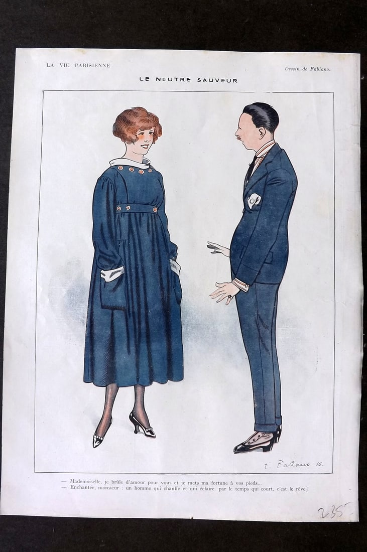La Vie Parisienne 1917 Art Deco Print. Le Neutre Sauveur by Fabiano: Lithographs Published 1917, Paris for "La Vie Parisienne" Illustrated by Lissac, Barbier, Vallet, Valee, Prejelan, Herouard, Fournier, Kuhn-Regnier, Georges Léonnec and others. Verso text, but none s
