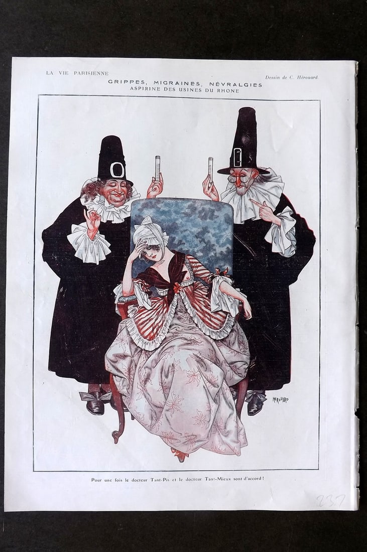 La Vie Parisienne 1917 Art Deco Print. Grippes, Migraines, Nevralgies by Herouard: Lithographs Published 1917, Paris for "La Vie Parisienne" Illustrated by Lissac, Barbier, Vallet, Valee, Prejelan, Herouard, Fournier, Kuhn-Regnier, Georges Léonnec and others. Verso text, but none s