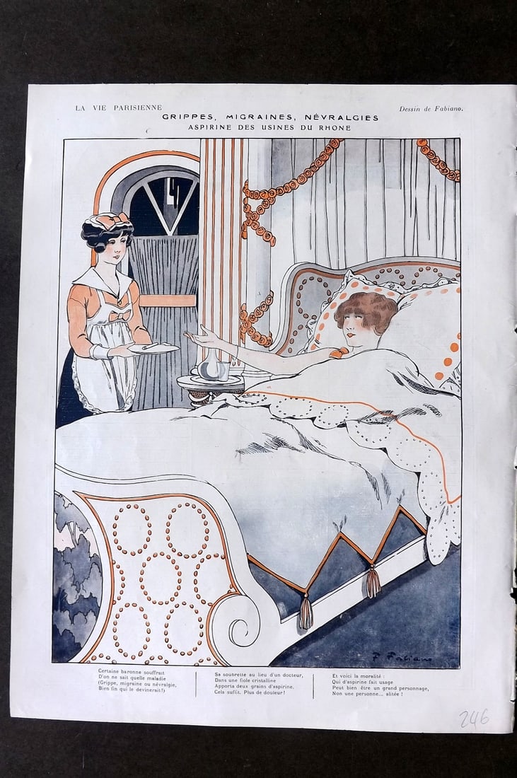 La Vie Parisienne 1917 Art Deco Print. Grippes, Migraines, Nevralgies by Fabiano: Lithographs Published 1917, Paris for "La Vie Parisienne" Illustrated by Lissac, Barbier, Vallet, Valee, Prejelan, Herouard, Fournier, Kuhn-Regnier, Georges Léonnec and others. Verso text, but none s