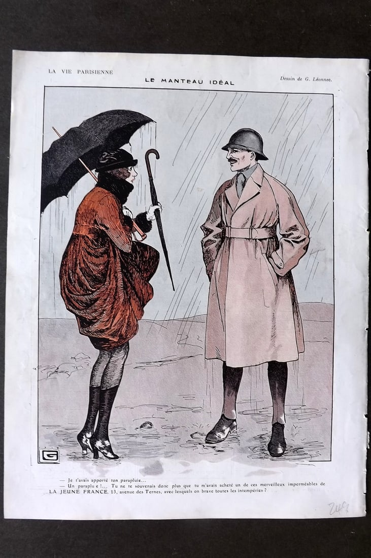 La Vie Parisienne 1917 Art Deco Print. Le Manteau Ideal by Leonnec: Lithographs Published 1917, Paris for "La Vie Parisienne" Illustrated by Lissac, Barbier, Vallet, Valee, Prejelan, Herouard, Fournier, Kuhn-Regnier, Georges Léonnec and others. Verso text, but none s