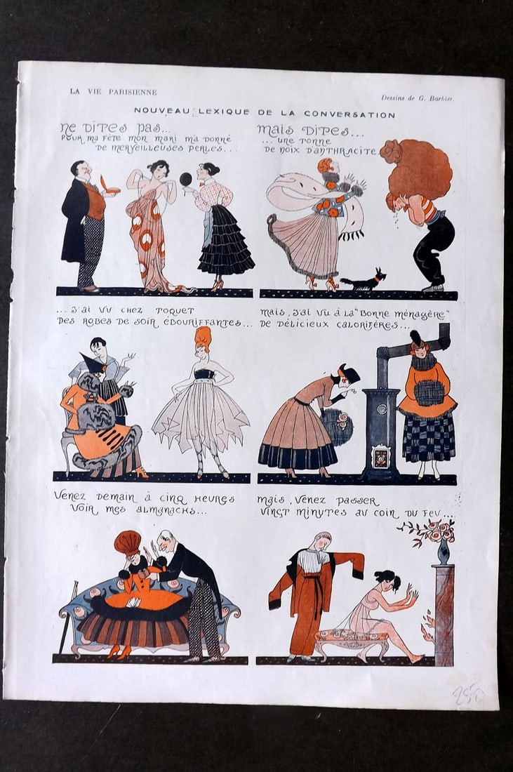 La Vie Parisienne 1917 Art Deco. Nouveau Lexique de la Conversation by Barbier: Lithographs Published 1917, Paris for "La Vie Parisienne" Illustrated by Lissac, Barbier, Vallet, Valee, Prejelan, Herouard, Fournier, Kuhn-Regnier, Georges Léonnec and others. Verso text, but none s