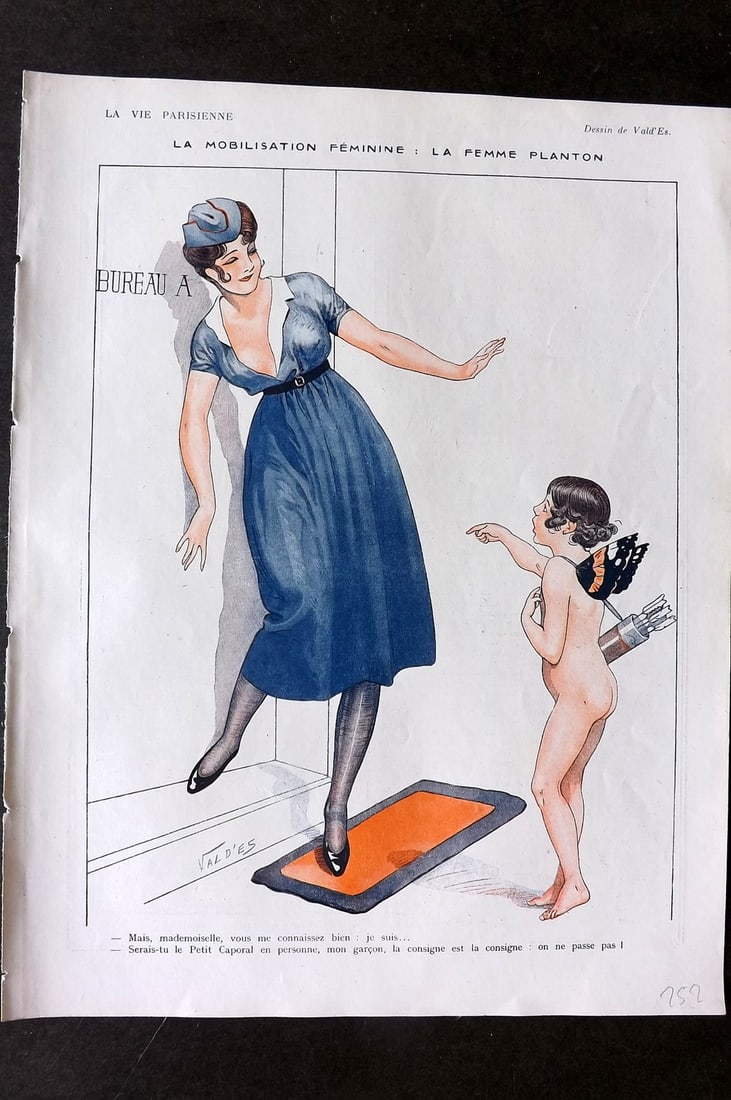 La Vie Parisienne 1917 Art Deco Print. La Mobilisation Feminine by Vald'Es: Lithographs Published 1917, Paris for "La Vie Parisienne" Illustrated by Lissac, Barbier, Vallet, Valee, Prejelan, Herouard, Fournier, Kuhn-Regnier, Georges Léonnec and others. Verso text, but none s