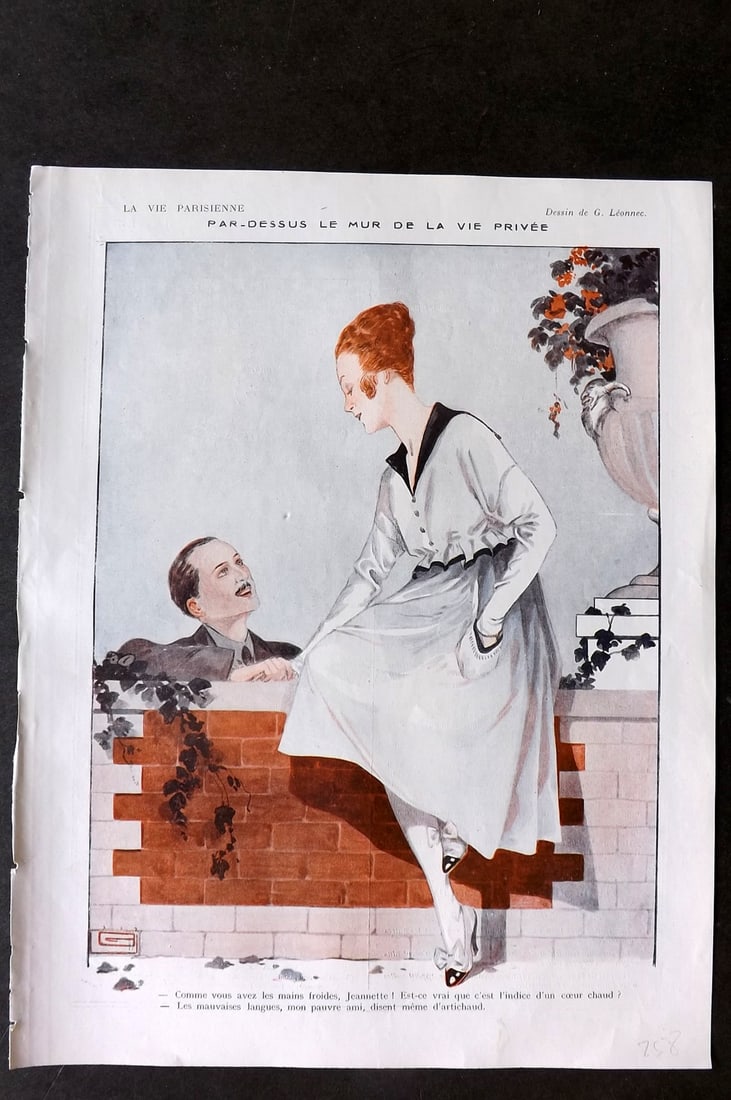 La Vie Parisienne 1917 Art Deco. Par-Dessus le Mur de la Vie Privee by Leonnec: Lithographs Published 1917, Paris for "La Vie Parisienne" Illustrated by Lissac, Barbier, Vallet, Valee, Prejelan, Herouard, Fournier, Kuhn-Regnier, Georges Léonnec and others. Verso text, but none s