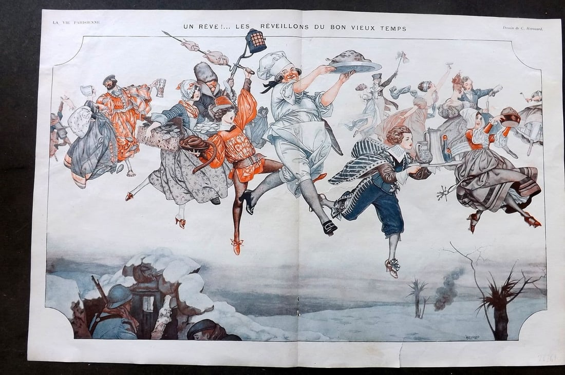 La Vie Parisienne 1917 Deco Double. Un Reve.. Les Reveillons du Bon Viex Temps: Antique Lithograph Published 1917, Paris for "La Vie Parisienne" Illustrated by Lissac, Barbier, Vallet, Valee, Prejelan, Herouard, Fournier, Kuhn-Regnier, Georges Leonnec and others. Verso text, but 