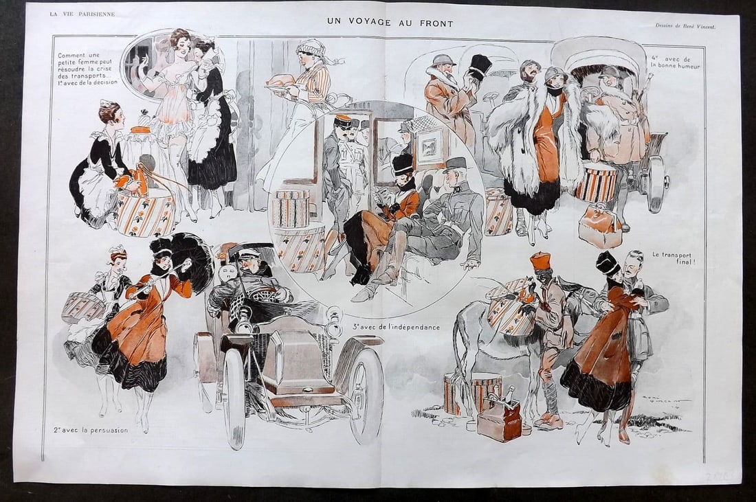La Vie Parisienne 1917 Art Deco Double Print. Un Voyage au Front by Vincent: Antique Lithograph Published 1917, Paris for "La Vie Parisienne" Illustrated by Lissac, Barbier, Vallet, Valee, Prejelan, Herouard, Fournier, Kuhn-Regnier, Georges Leonnec and others. Verso text, but 