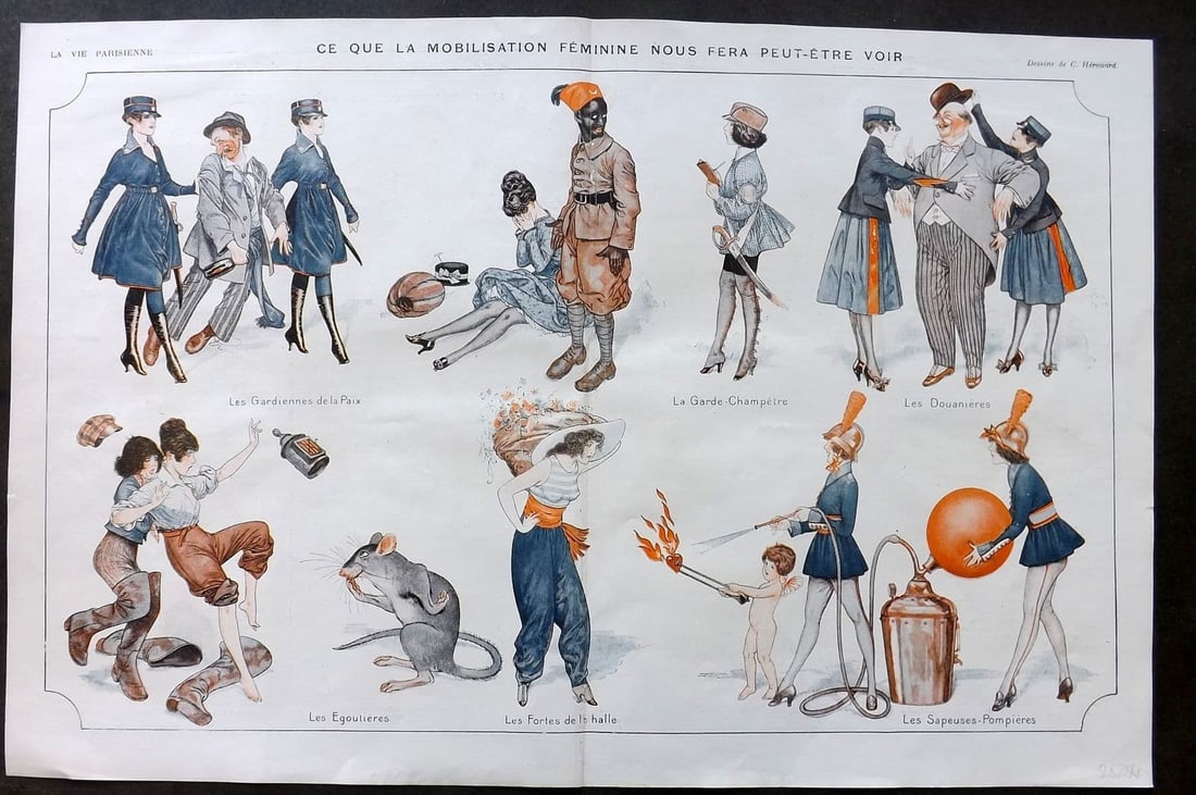 La Vie Parisienne 1917 Art Deco Double Print Ce Que La Mobilisation by Herouard: Antique Lithograph Published 1917, Paris for "La Vie Parisienne" Illustrated by Lissac, Barbier, Vallet, Valee, Prejelan, Herouard, Fournier, Kuhn-Regnier, Georges Leonnec and others. Verso text, but 