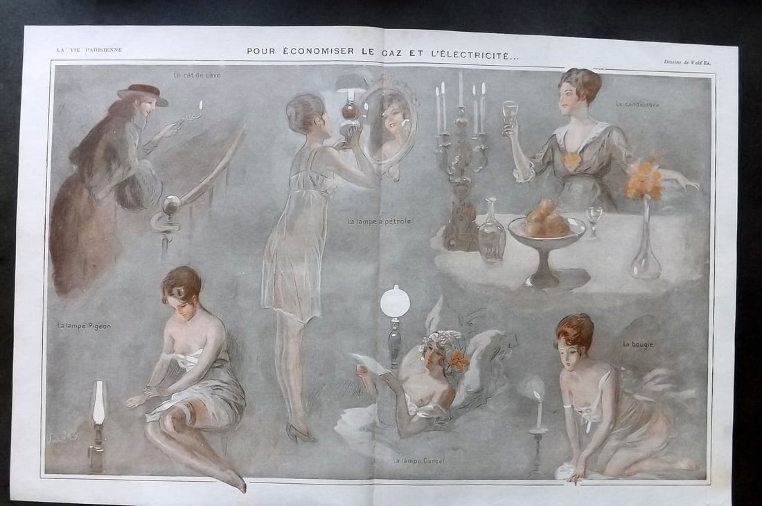 La Vie Parisienne 1917 Art Deco Double. Pour Economiser le daz et L'Electricite: Antique Lithograph Published 1917, Paris for "La Vie Parisienne" Illustrated by Lissac, Barbier, Vallet, Valee, Prejelan, Herouard, Fournier, Kuhn-Regnier, Georges Leonnec and others. Verso text, but 