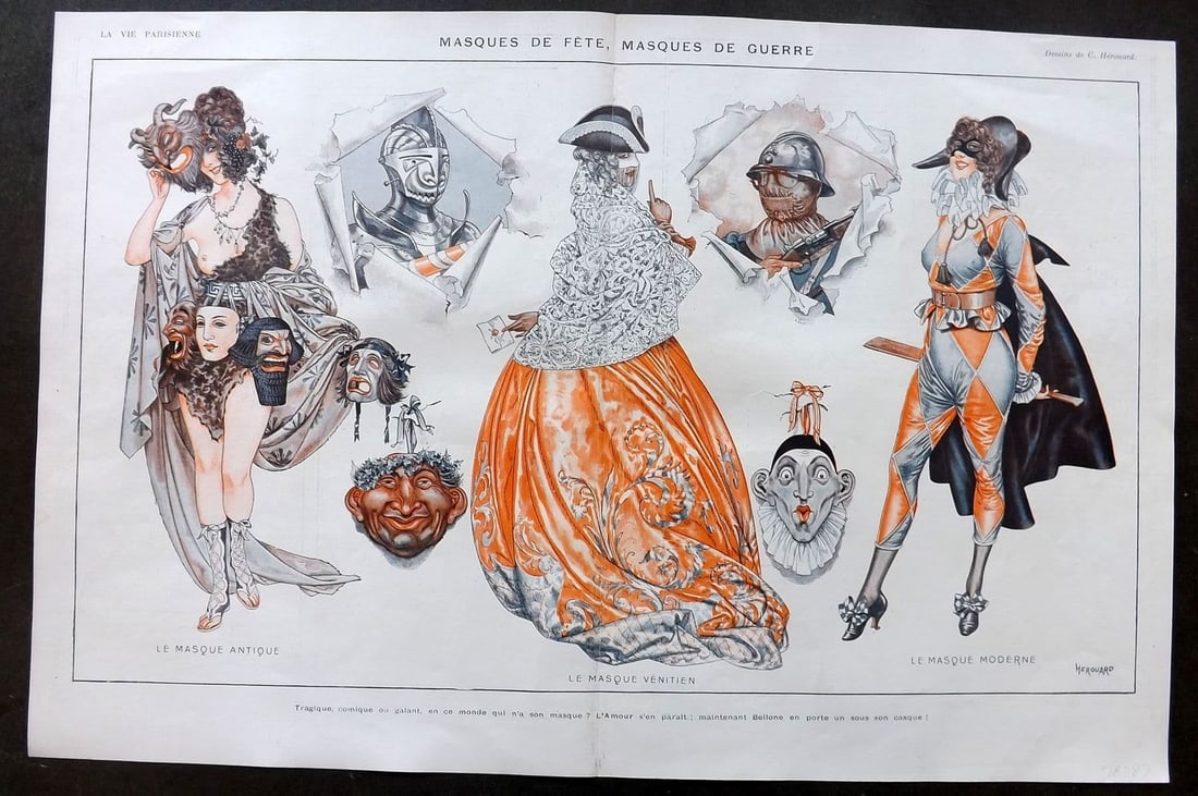 La Vie Parisienne 1917 Art Deco Double Print Masques de Fete, Masques de Guerre: Antique Lithograph Published 1917, Paris for "La Vie Parisienne" Illustrated by Lissac, Barbier, Vallet, Valee, Prejelan, Herouard, Fournier, Kuhn-Regnier, Georges Leonnec and others. Verso text, but 