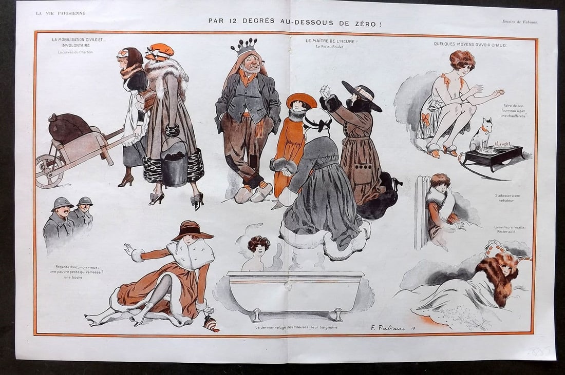 La Vie Parisienne 1917 Deco Double. Par 12 Degres Au-Dessous de Zero by Fabiano: Antique Lithograph Published 1917, Paris for "La Vie Parisienne" Illustrated by Lissac, Barbier, Vallet, Valee, Prejelan, Herouard, Fournier, Kuhn-Regnier, Georges Leonnec and others. Verso text, but 