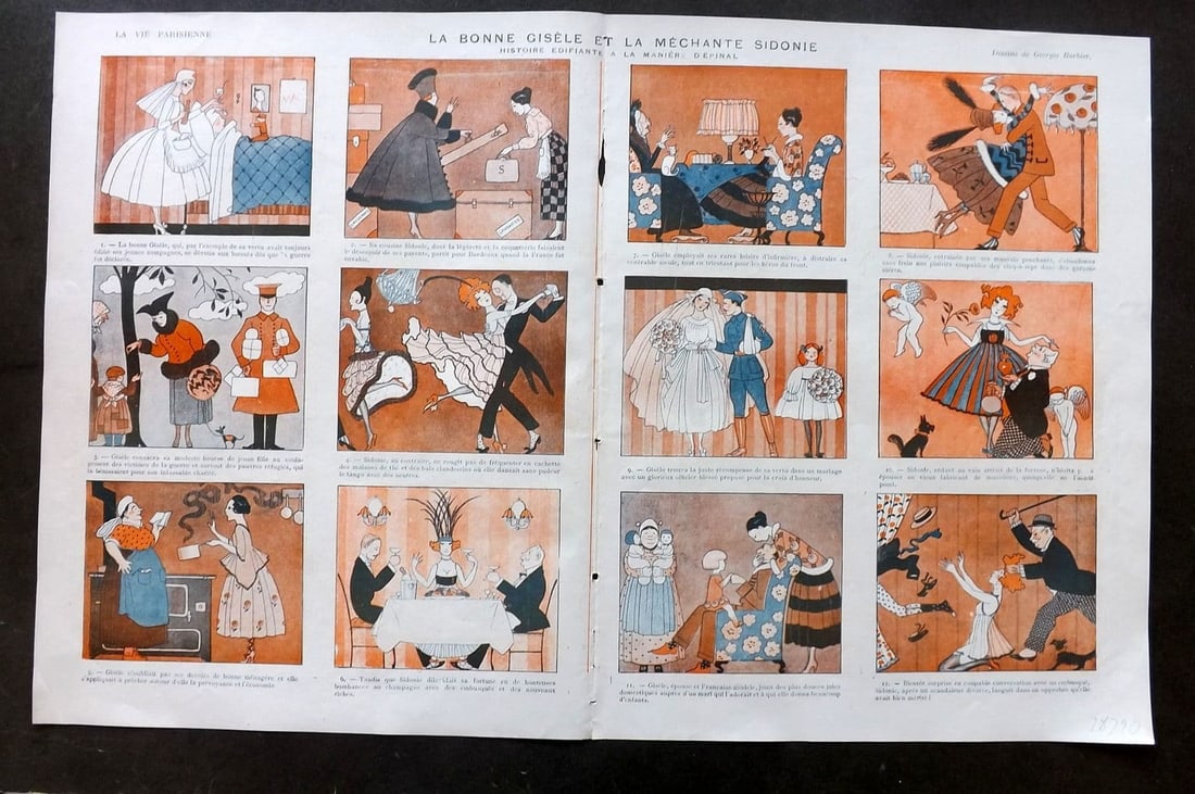 La Vie Parisienne 1917 Art Deco Double. Le Bonne Gisele et la Mechante Sidonie: Antique Lithograph Published 1917, Paris for "La Vie Parisienne" Illustrated by Lissac, Barbier, Vallet, Valee, Prejelan, Herouard, Fournier, Kuhn-Regnier, Georges Leonnec and others. Verso text, but 