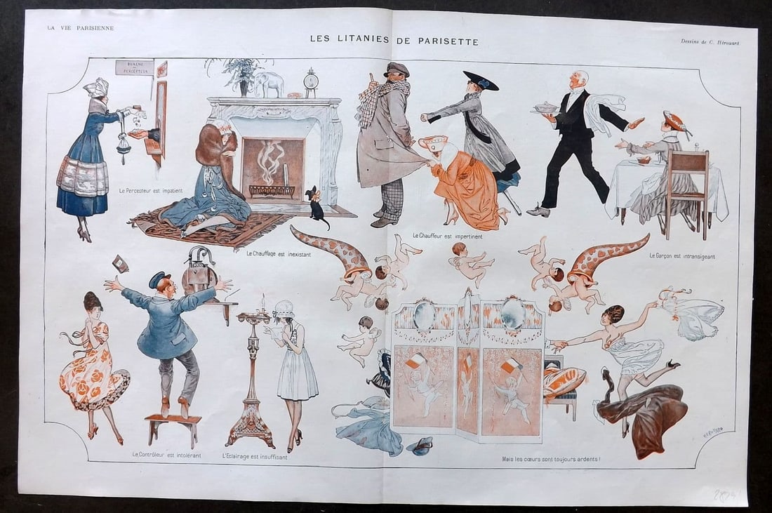 La Vie Parisienne 1917 Art Deco Double. Les Litanies de Parisette by Herouard: Antique Lithograph Published 1917, Paris for "La Vie Parisienne" Illustrated by Lissac, Barbier, Vallet, Valee, Prejelan, Herouard, Fournier, Kuhn-Regnier, Georges Leonnec and others. Verso text, but 