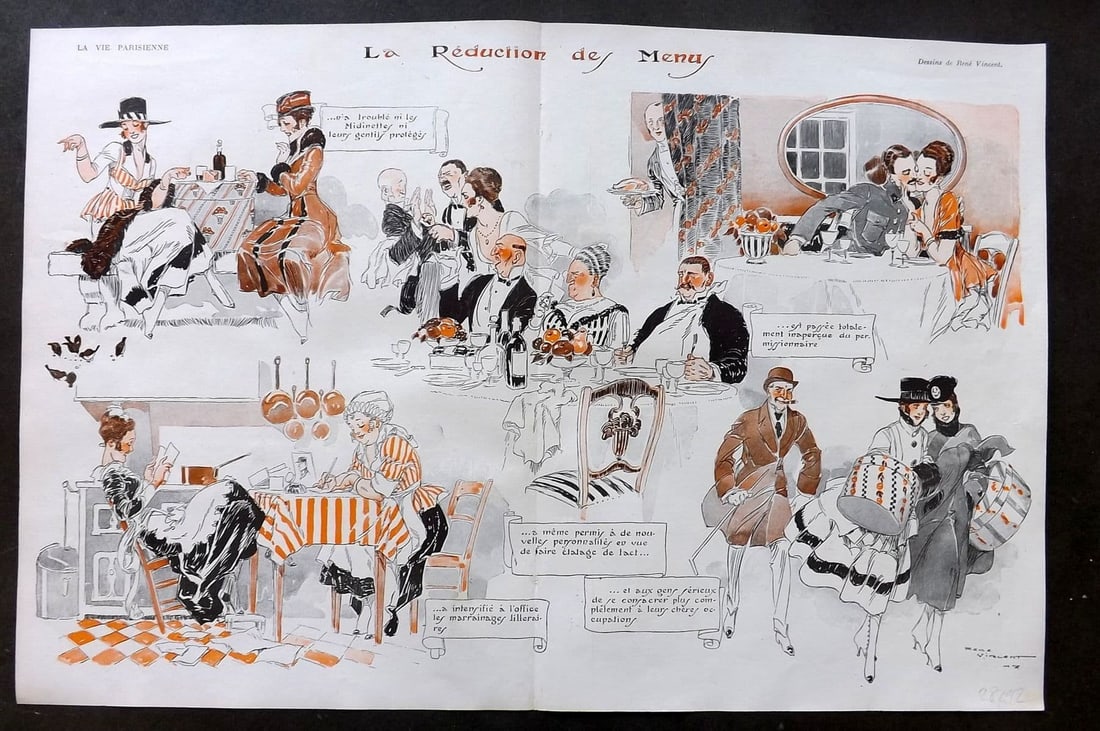 La Vie Parisienne 1917 Art Deco Double Print. La Reduction de Menu by Vincent: Antique Lithograph Published 1917, Paris for "La Vie Parisienne" Illustrated by Lissac, Barbier, Vallet, Valee, Prejelan, Herouard, Fournier, Kuhn-Regnier, Georges Leonnec and others. Verso text, but 