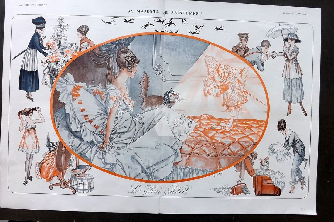 La Vie Parisienne 1917 Art Deco Double. Le Majeste le Printemps by Herouard: Antique Lithograph Published 1917, Paris for "La Vie Parisienne" Illustrated by Lissac, Barbier, Vallet, Valee, Prejelan, Herouard, Fournier, Kuhn-Regnier, Georges Leonnec and others. Verso text, but 