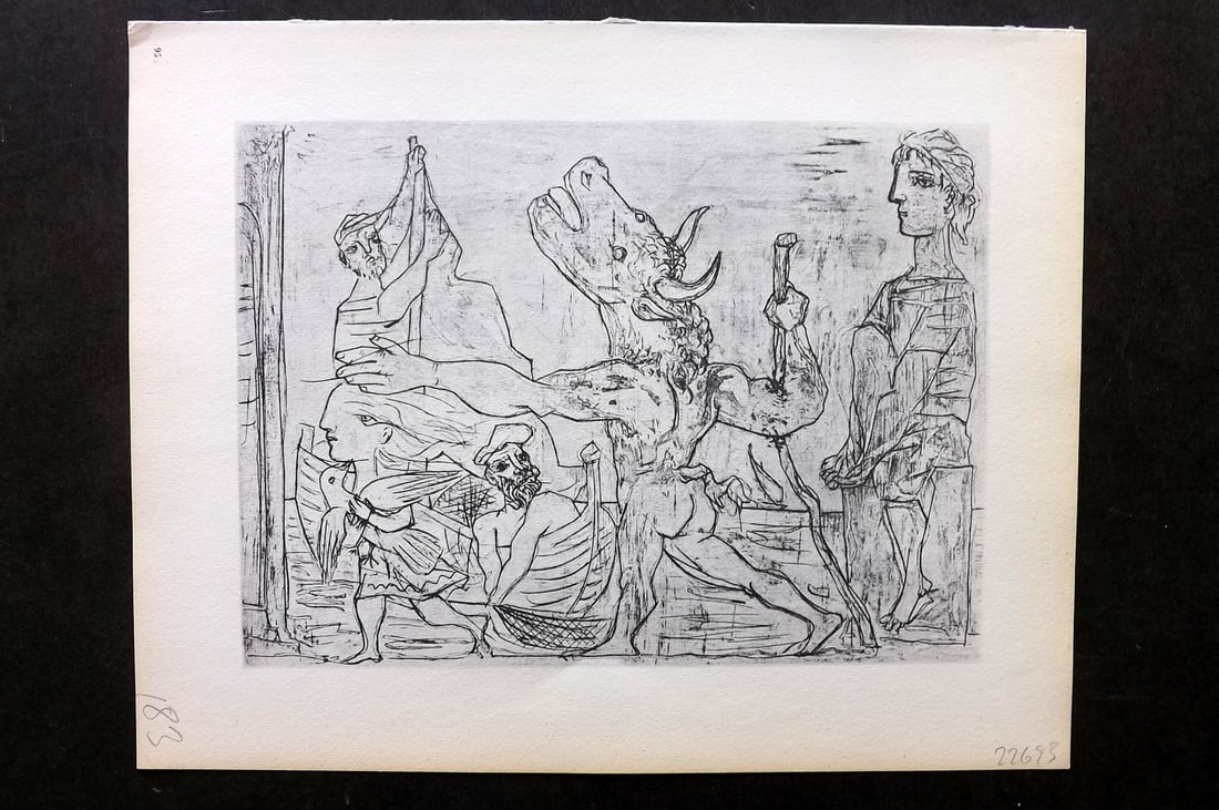 Picasso Vollard 1956 Print. Blind Minotaur Led by Girl with Fluttering Dove 95: Vintage Photogravure Published 1956, London for "Picasso's Vollard Suite" First English Edition of 100 Etchings created by Picasso between 1930-37. Printed on Good Quality Paper in Germany. Paper Size