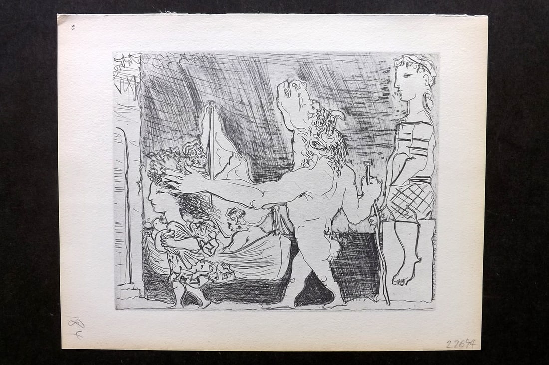 Picasso Vollard Suite 1956 Print. Blind Minotaur Led by Girld with Dove 96: Vintage Photogravure Published 1956, London for "Picasso's Vollard Suite" First English Edition of 100 Etchings created by Picasso between 1930-37. Printed on Good Quality Paper in Germany. Paper Size