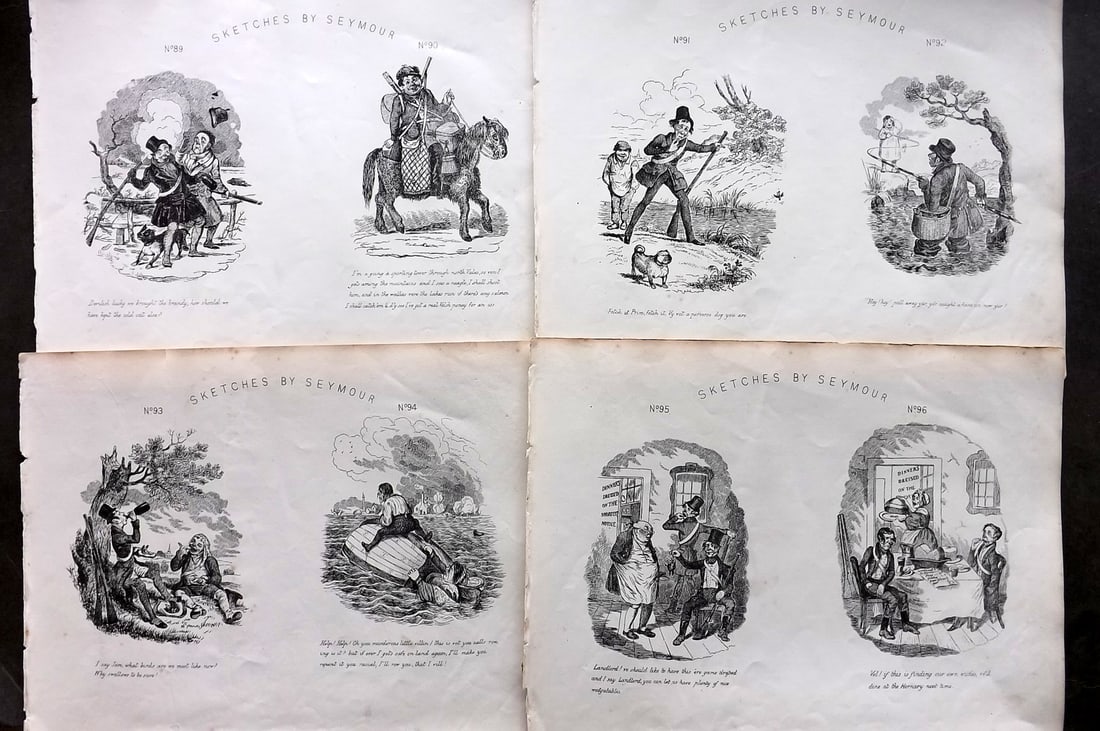 Seymour, Robert C1870 Lot of 4 Folio Satire Sporting Prints: Folio Lithograph Published C1870, London for "Seymour's Sketches. The Book of Cockney Sports, Whims and Oddities" Illustrated by Robert Seymour.Paper Size: 12.5 x 9.5 inch (32 x 24cm) A couple of smal