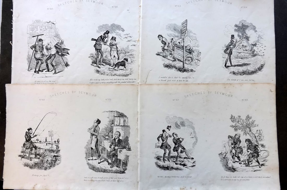 Seymour, Robert C1870 Lot of 4 Folio Satire Sporting Prints: Folio Lithograph Published C1870, London for "Seymour's Sketches. The Book of Cockney Sports, Whims and Oddities" Illustrated by Robert Seymour.Paper Size: 12.5 x 9.5 inch (32 x 24cm) A couple of marg