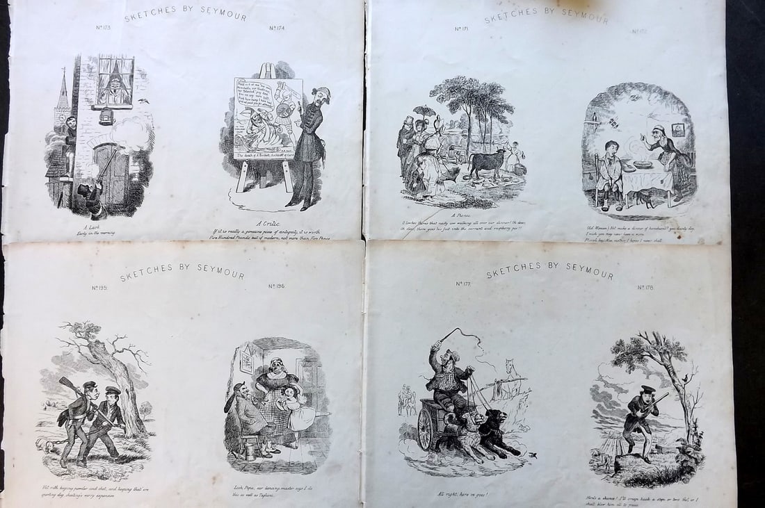 Seymour, Robert C1870 Lot of 4 Folio Satire Sporting Prints: Folio Lithograph Published C1870, London for "Seymour's Sketches. The Book of Cockney Sports, Whims and Oddities" Illustrated by Robert Seymour.Paper Size: 12.5 x 9.5 inch (32 x 24cm) A couple of marg