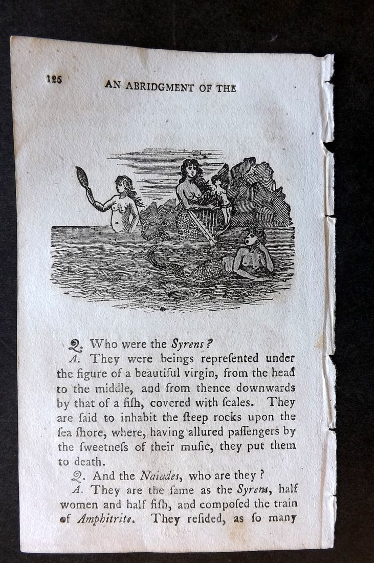 Turner, Richard 1814 Miniature Woodcut. Syren Mermaids: Woodcut Published 1814, London for "An Easy Introduction to the Arts and Sciences" by Richard Turner. Paper Size: 5.5 x 3.5 inch (14 x 9cm) Surrounding and verso text and image to the reverse. Good Co