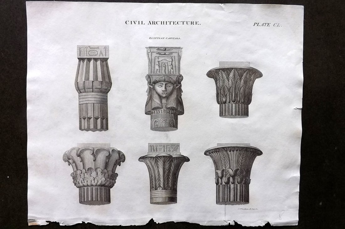 Brewster, David 1824 Architecture Print. Egyptian Capitals: Copper Plate Published 1808-1830, Philadelphia & Edinburgh for "The Edinburgh Encyclopaedia" Conducted by David Brewster. Paper Size: 10.5 x 8 inch (27 x 21cm) Good Condition