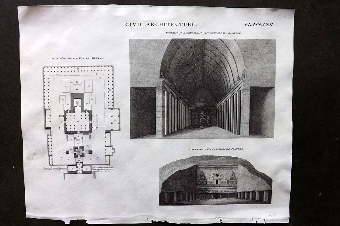 Brewster, David 1824 Architecture Print. India - Keylas Temple, Biskurma, Jompree: Copper Plate Published 1808-1830, Philadelphia & Edinburgh for "The Edinburgh Encyclopaedia" Conducted by David Brewster. Paper Size: 10.5 x 8 inch (27 x 21cm) Good Condition
