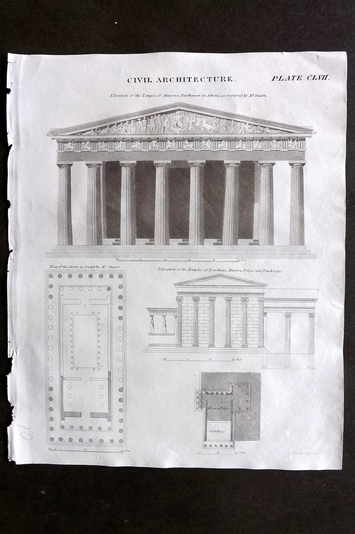 Brewster, David 1824 Architecture Print. Greece - Temple of Minerva, Athens Parthenon: Copper Plate Published 1808-1830, Philadelphia & Edinburgh for "The Edinburgh Encyclopaedia" Conducted by David Brewster. Paper Size: 10.5 x 8 inch (27 x 21cm) Good Condition