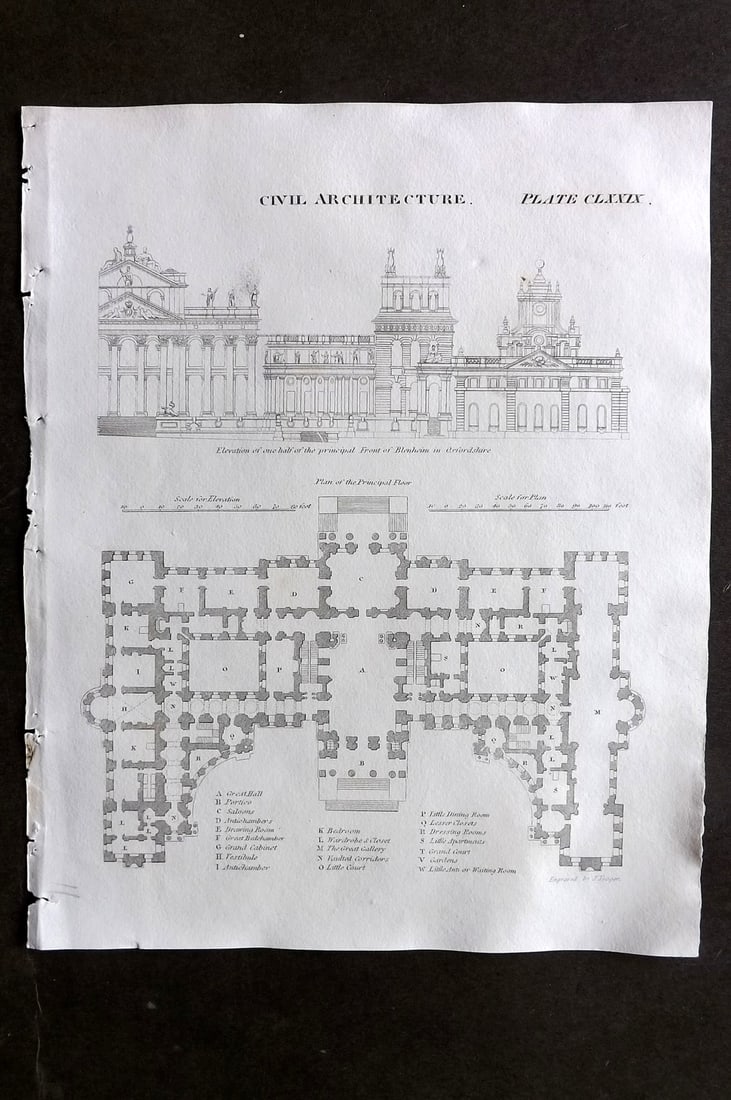 Brewster, David 1824 Architecture Print. Blenheim Palace, Oxfordshire: Copper Plate Published 1808-1830, Philadelphia & Edinburgh for "The Edinburgh Encyclopaedia" Conducted by David Brewster. Paper Size: 10.5 x 8 inch (27 x 21cm) Good Condition