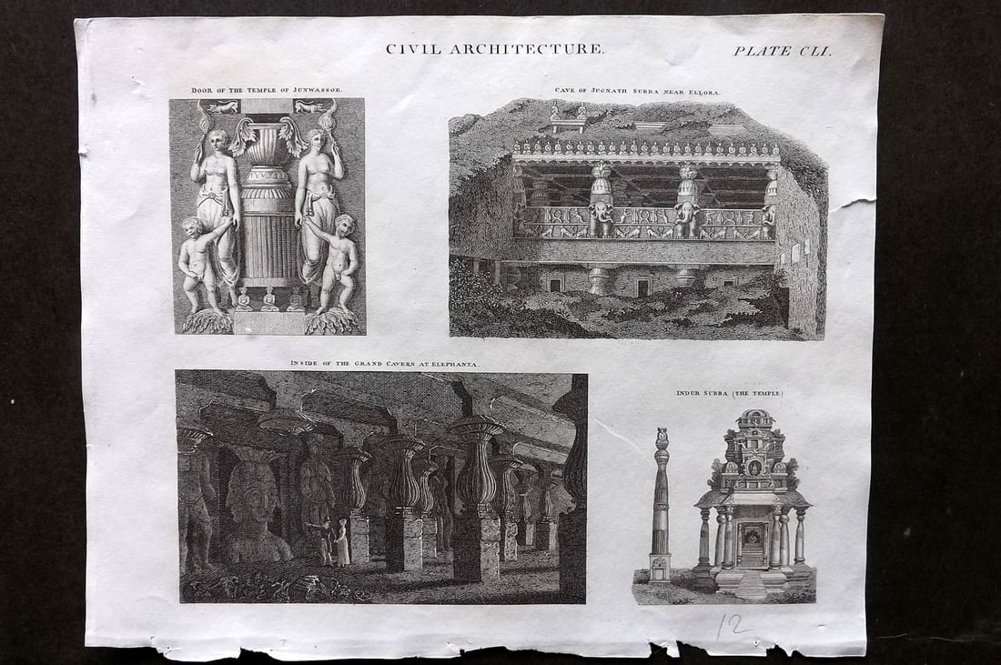 Brewster, David 1824 Architecture Print. India - Ellora Caves, Elephanta, Indur Subba: Copper Plate Published 1808-1830, Philadelphia & Edinburgh for "The Edinburgh Encyclopaedia" Conducted by David Brewster. Paper Size: 10.5 x 8 inch (27 x 21cm) Tiny margin tear present. Good Condition