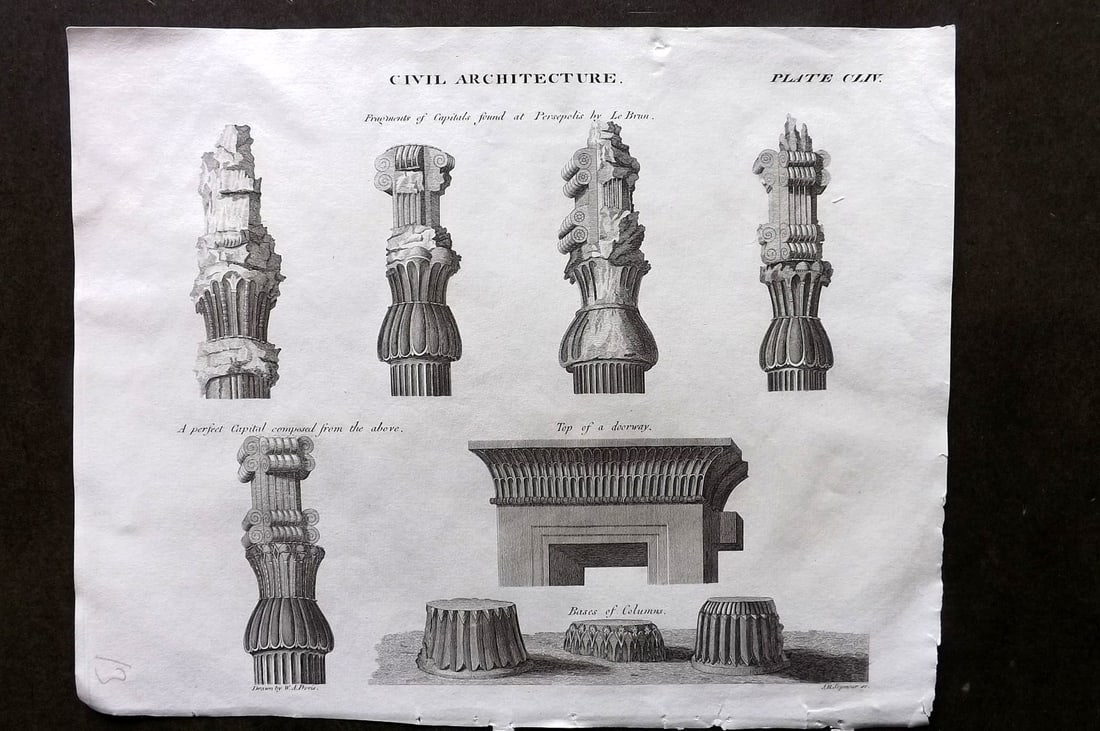 Brewster, David 1824 Architecture Print. Persepolis. Persia Iran: Copper Plate Published 1808-1830, Philadelphia & Edinburgh for "The Edinburgh Encyclopaedia" Conducted by David Brewster. Paper Size: 10.5 x 8 inch (27 x 21cm) Good Condition