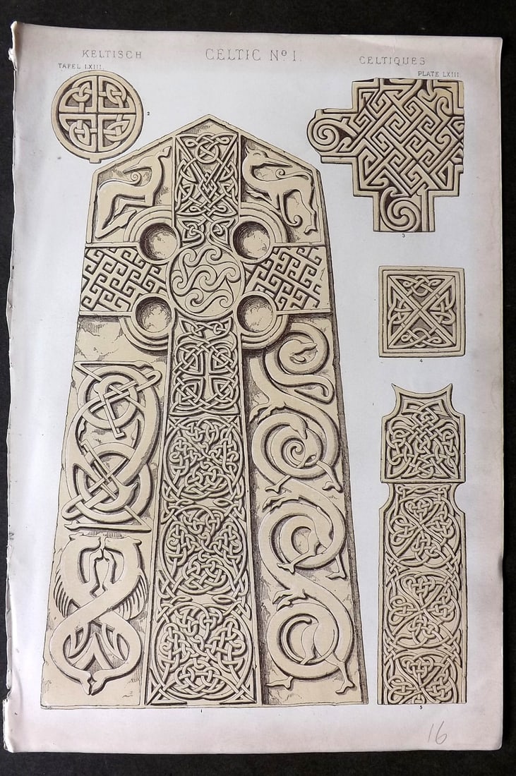 Jones, Owen 1868 Design Print. Celtic No. 1: Chromolithograph Published 1868 by Bernard Quaritch, London for "The Grammar of Ornament" by Owen Jones. Paper Size: 13 x 9 inch (33 x 23cm) Good Condition