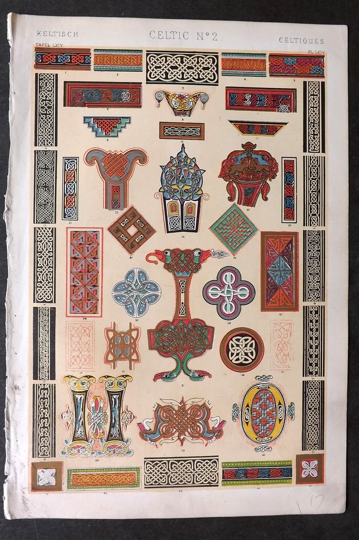 Jones, Owen 1868 Design Print. Celtic No. 2: Chromolithograph Published 1868 by Bernard Quaritch, London for "The Grammar of Ornament" by Owen Jones. Paper Size: 13 x 9 inch (33 x 23cm) Good Condition