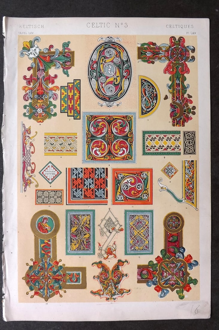 Jones, Owen 1868 Design Print. Celtic No. 3: Chromolithograph Published 1868 by Bernard Quaritch, London for "The Grammar of Ornament" by Owen Jones. Paper Size: 13 x 9 inch (33 x 23cm) Good Condition