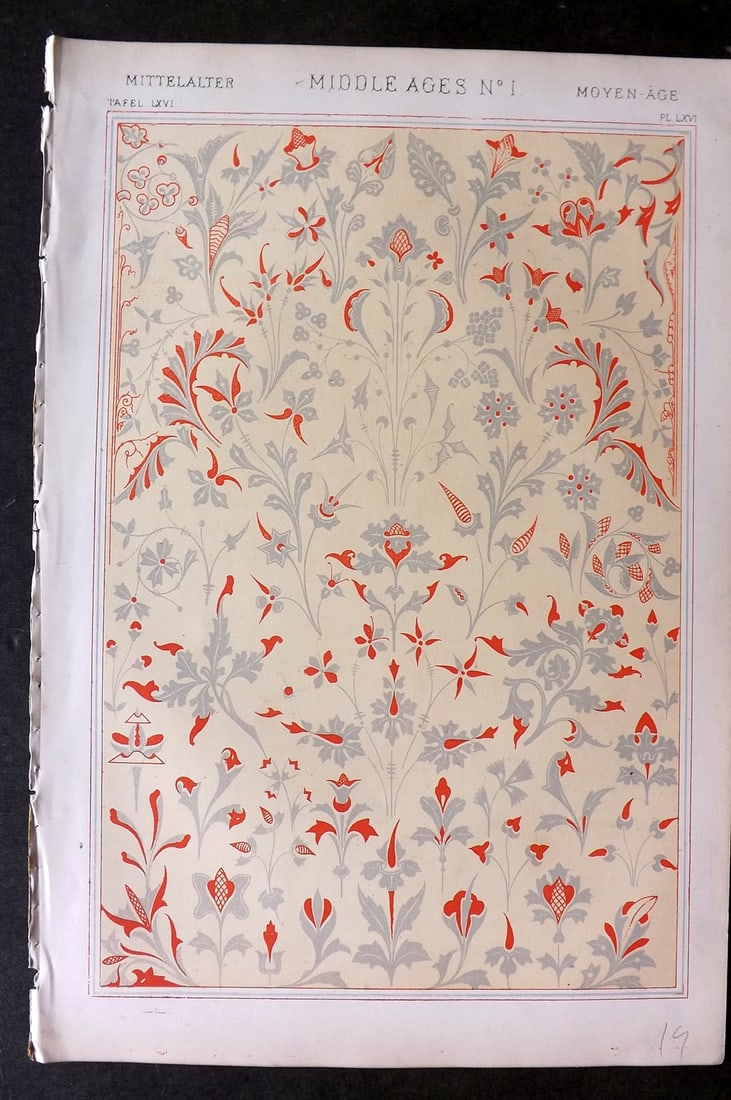 Jones, Owen 1868 Design Print. Middle Ages No. 1: Chromolithograph Published 1868 by Bernard Quaritch, London for "The Grammar of Ornament" by Owen Jones. Paper Size: 13 x 9 inch (33 x 23cm) Good Condition